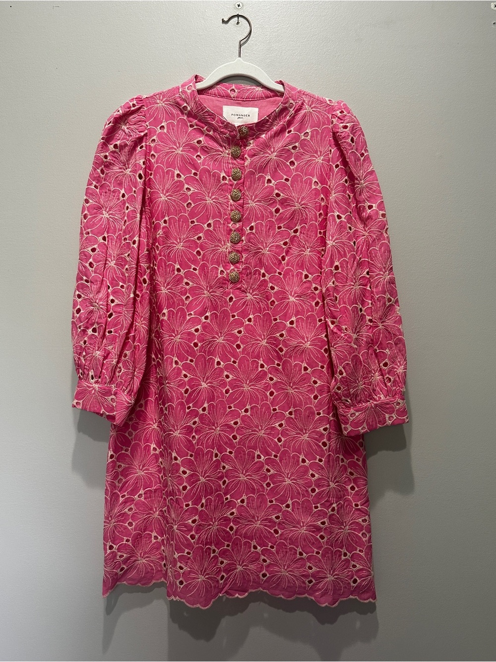 Pomander Place pink floral eyelet Samantha dress gold buttons NWT
